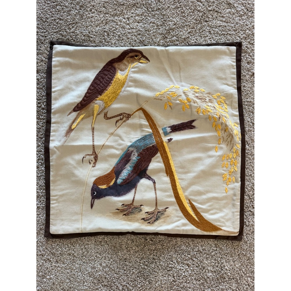 Pottery Barn Decorative Embroidered Pillow Cover Crewel Bird Wheat Needlepoint